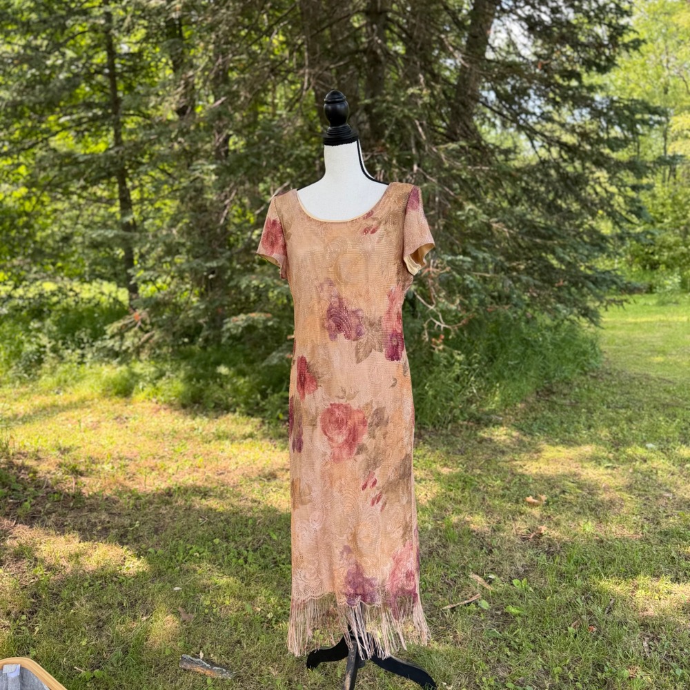 Vtg 90s/Y2K Virgo Petite Whimsigoth Floral Lace Fringe Dress‎  16P (Union Made)